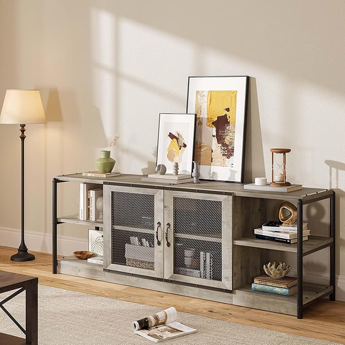 CABIHOME Farmhouse TV Stand for 75/80 inches TVs, Entertainment Center with Storage Cabinet and Mesh Doors, Industrial Media Console Cabinet Table, Living Room Media Furniture, Light Grey
