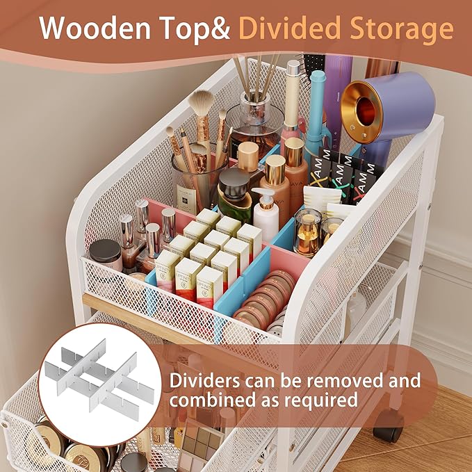 Rolling Makeup Cart Organizer with 3 Drawers, 4-Tier Narrow Floor Skincare Organizers with dividers, Vanity Organizer Cosmetics Display Cases for Makeup Brush, Hair Tool, White