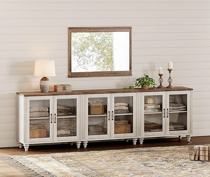 WAMPAT Farmhouse TV Stand for 100 Inch TV, Glass Wooden Universal TV Stand with 3 Storage Cabinets, Entertainment Center for 75/80/85/90 Inch TV, Console Table for Living Room, Bedroom, Rustic White