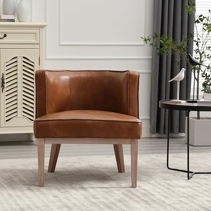 Arm Accent Chair Barrel Accent Chair with Wood Legs, Brown Leather Comfy Barrel Round Side Chair Upholstered Reading Chairs with Back for Living Room Bedroom Living Room Chair, Brown