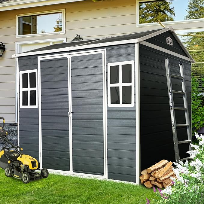 8x6 FT Outdoor Storage Resin Shed with Floor, Waterproof Plastic Garden Tool Shed with Windows, Vents & Lockable Door and Sloped Roof, Easy to Assemble Bike Shed for Patio, Backyard, Lawn, Black