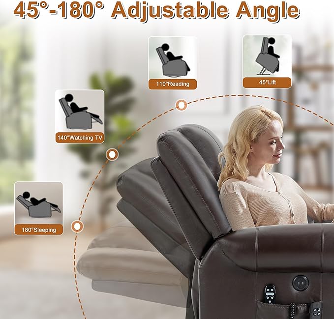 Power Lift Recliner Chair for Elderly, Dual Motor Massage Recliner with Lumbar Heat, Heavy Duty Motion Mechanism Lift Chair with Charge Ports, Genuine Leather - Antique Brown