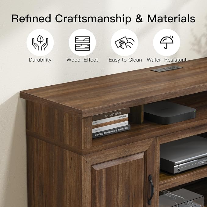 Marsail Modern Farmhouse TV Stand, Entertainment Center with Storage Cabinets, Adjustable Shelves and Power Outlets for Televisions up to 80 Inch, TV Console Table for Living Room, Brown