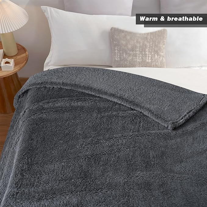 Sherpa Throw Blanket for Bed, Super Soft Cozy Fuzzy Plush Blankets for Winter, Reversible Thick Warm Blanket for Bed, Couch, Living Room, Grey, Throw Size 50"x 60"
