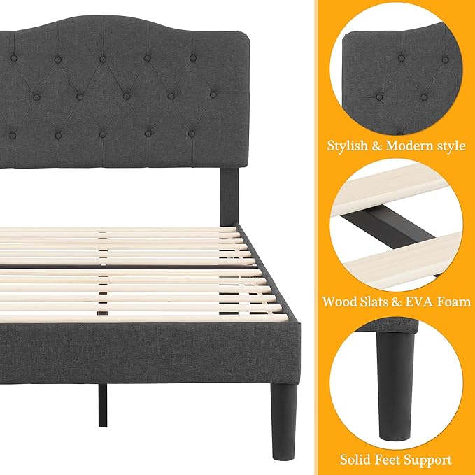 VECELO Twin Size Platform Bed Frame with Fabric Upholstered Headboard and Wooden Slats Support, No Box Spring Needed/Easy Assembly,Dark Grey