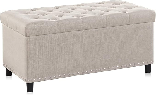 BELLEZE 35" Tufted Ottoman, Storage Bench with Safety Close Hinge, Ottoman with Storage for Living Room, Entryway, Hallway, Foot Rest, Support 300lbs - Beige