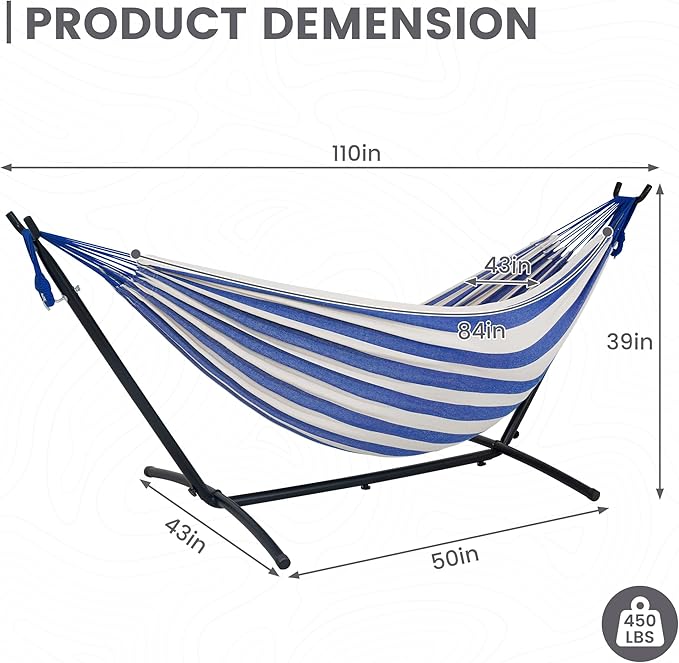 Lazy Daze Hammocks Double Hammock with 9 ft Space-Saving Steel Stand Includes Portable Carrying Case, 450 Pounds Capacity (Blue White)