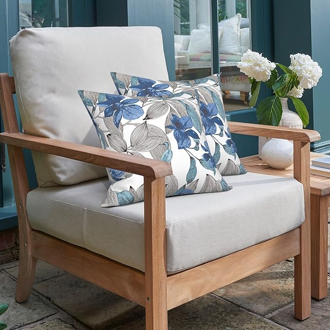 Patio Throw Pillows with Inners, Fade Resistant Square Pillow Pack of 2, Decorative Garden Cushions for Home, 18x18 Inch,Clemens Blue