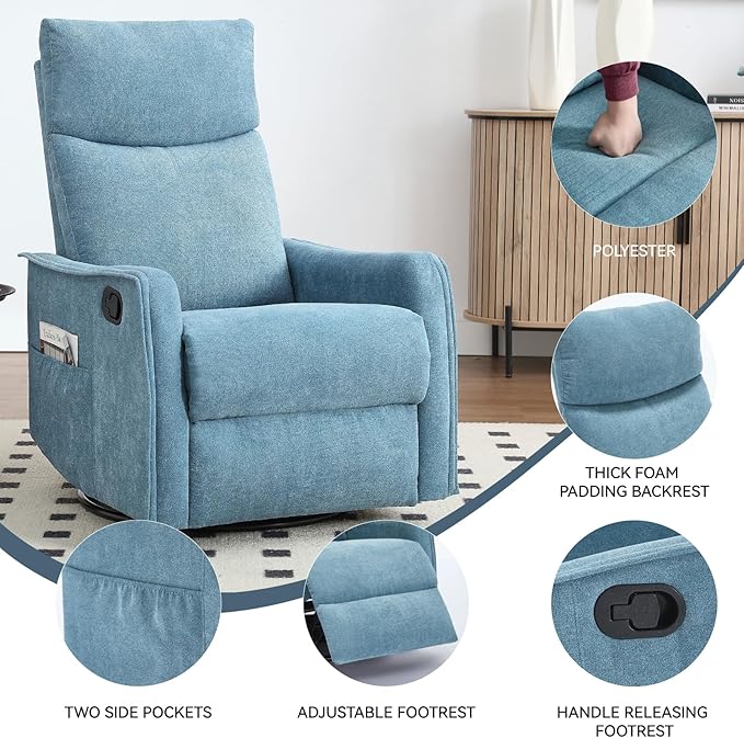 Massage Rocker Swivel Recliner Chair for Adults, Manual Recliner Glider with Lumbar Heating, Technical Flannel Fabric Nursery Glider Rocking Chair with Vibration Massage for Living Room - Blue