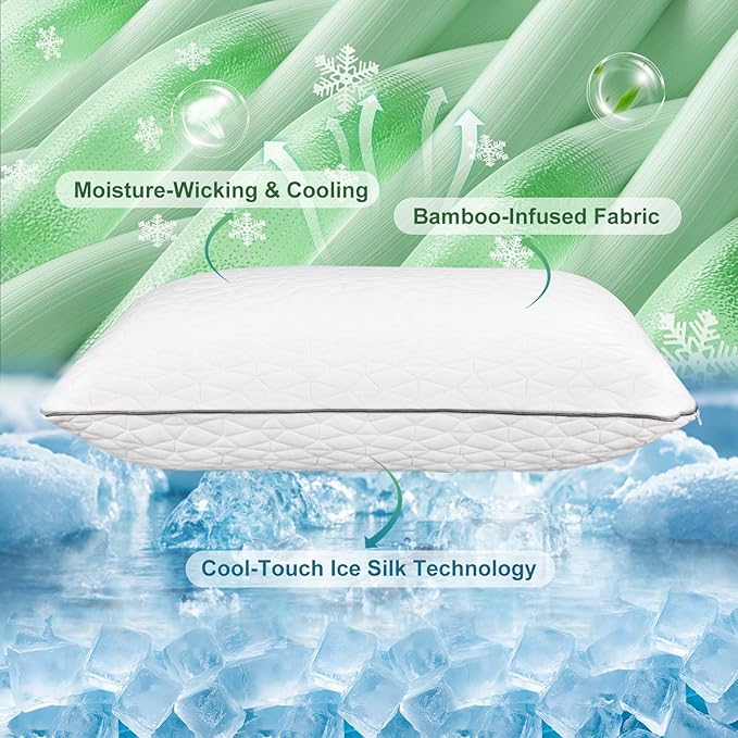 Cooling Pillows Queen Size Set of 2, Shredded Memory Foam Pillows, Firm Pillow Adjustable Cooling Bed Pillows for Hot, Side, Back and Stomach Sleepers, Queen