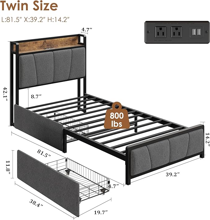 Twin Size Bed Frame with 2 Storage Drawers and Charging Station, Rustic Linen Upholstered Platform Bedframe with Storage Headboard, Heavy Duty, No Box Spring Needed, Easy Assembly, Noise Free,Grey