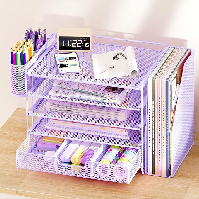 Desk Organizers and Accessories with File Holder, 5-Tier Office Desk Accessories & Workspace Desktop Organizer with Drawer and 2 Pen Holder, File Paper Organizer for Office Supplies(Purple)