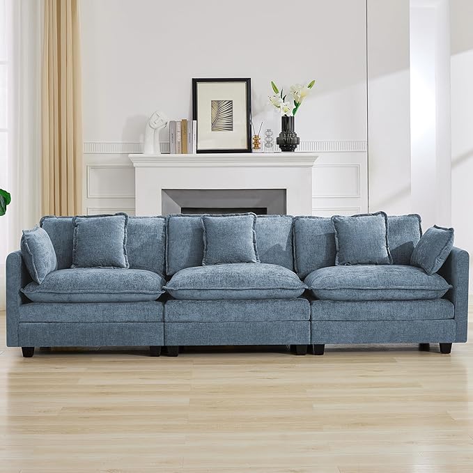 111'' Sectional Cloud Deep Seat Couch, Modern Comfy Chenille Modular Sectional Sofa for Living Room Set, Upholstered Modular 3-Seats Sofa Couch, Blue