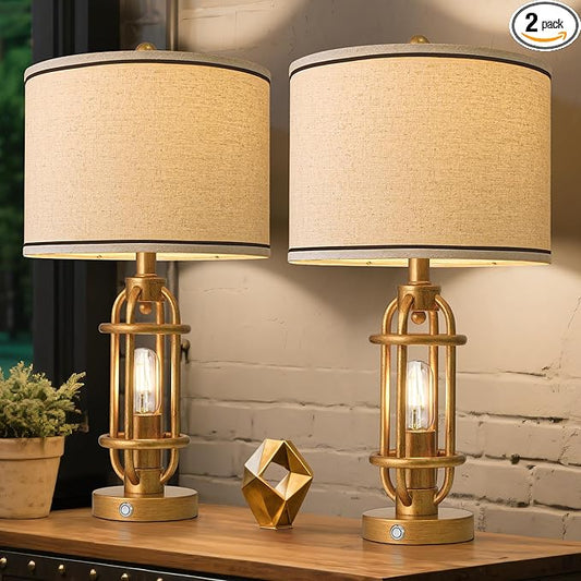 23.75'' Table Lamps Set of 2 for Living Room Bedroom Industrial Farmhouse Metal Touch Lamps with USB A+C Ports, Night Light Vintage Nightstand Bedside Lamp, Bulbs Included, Antique Gold