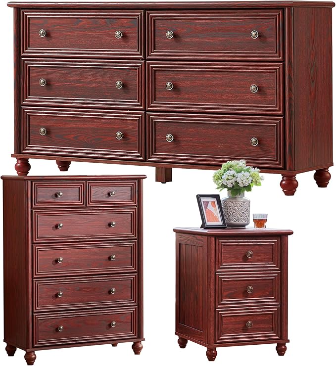 Farmhouse Dressers & Night Stand Set of 3, Wood 54" Wide Dresser & 43.5"Tall Chest of Drawers, 18" Roman Column Nightstand, Bedroom Furniture 6 Drawer Dresser Set for Bedroom Home Living Room Hallway