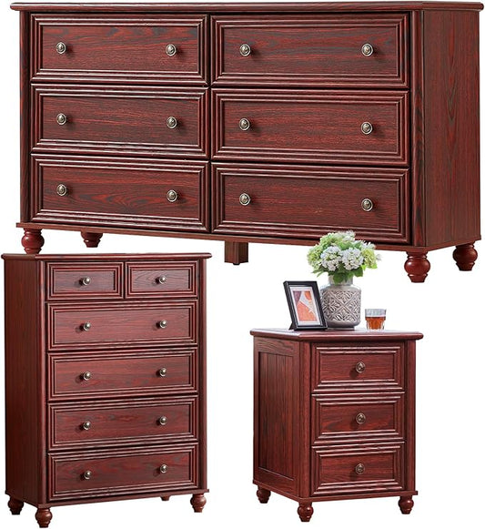 Farmhouse Dressers & Night Stand Set of 3, Wood 54" Wide Dresser & 43.5"Tall Chest of Drawers, 18" Roman Column Nightstand, Bedroom Furniture 6 Drawer Dresser Set for Bedroom Home Living Room Hallway