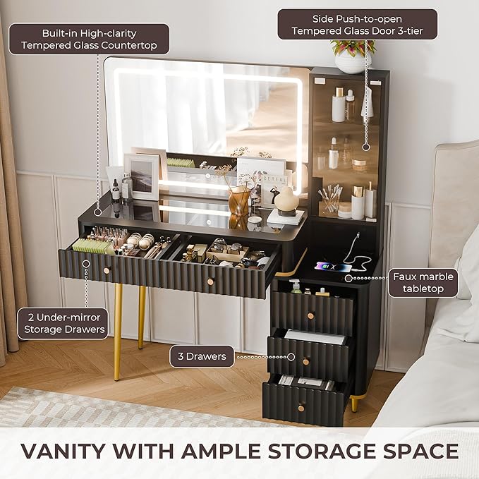 RECCI Fluted Vanity Desk with 36" Mirror and Lights, Makeup Vanity Desk with Glass Top, Dressing Table with 5 Drawers & Shelves, Wood Vanity Table for Bedroom(Black)