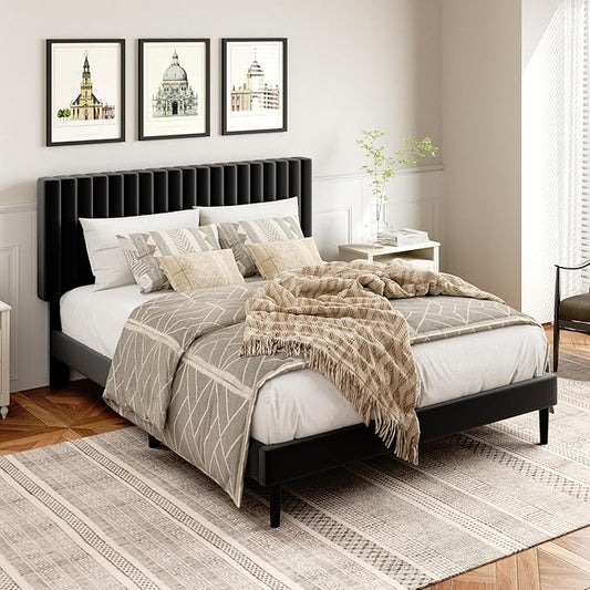 Full Size Platform Bed Frame with Velvet Upholstered Headboard, Full Bed Frame with Strong Wood Slats, Mattress Foundation, Box Spring Optional, Easy Assembly, Black