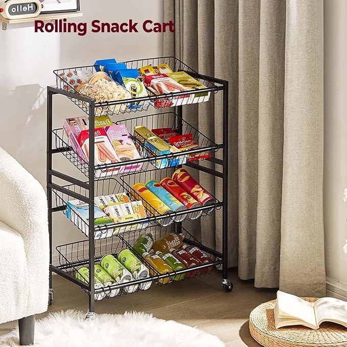 25.2''W Kitchen Storage Cart, Rolling Snack Cart, 4 Tier Fruit Basket Stand, Metal Pantry Storage with 8 Stackable Wire Baskets, Black