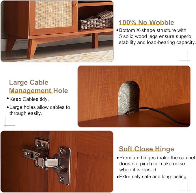 OKD TV Stand for 75+ Inch TV, Mid Century Modern Entertainment Center with Natural Rattan Door, Storage Shelves, Large Boho Media TV Console, Long Television Stand for Living Room, Cherry