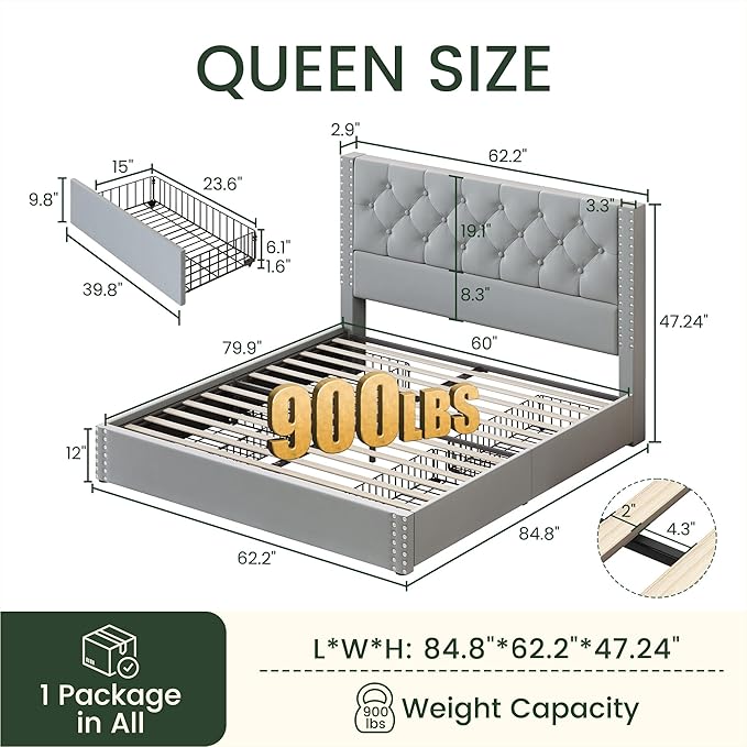 Queen Size Bed Frame Upholstered Platform Bed with 4 Storage Drawers and Tufted Headboard Velvet Bed Frame with Heavy Duty Wood Slats, No Box Spring Needed, Easy Assembly, Bluish Grey