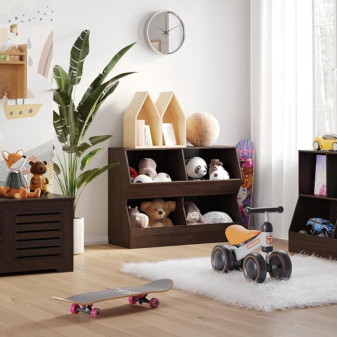 DINZI LVJ Kids Bookshelf, Toy Storage Organizer, Wooden Toy Storage Cabinet, 4 Cubby Children Bookcase, 39.4" L Toddler Book Shelf for Bedroom, Nursery, Hallway, School, Espresso