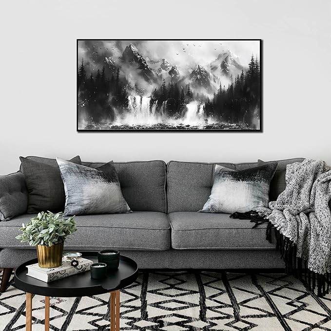 Foggy Forest Wall Art for Living Room - Black and White Art Wall Decor for Office - Framed Artwork for Walls Size 20" x 40"