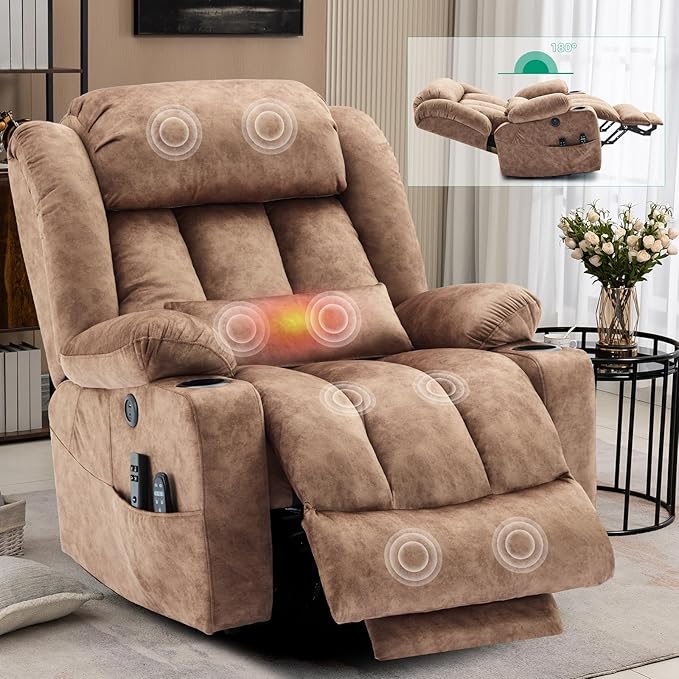 VIVIJASON Tall Man Large Dual Motor Power Lift Recliner Chair with Extended Footrest, Oversized Lay Flat Sleeper Electric Recliner W/Heat & Massage, Lumbar Pillow, USB & Type-C Ports, Plush Brown