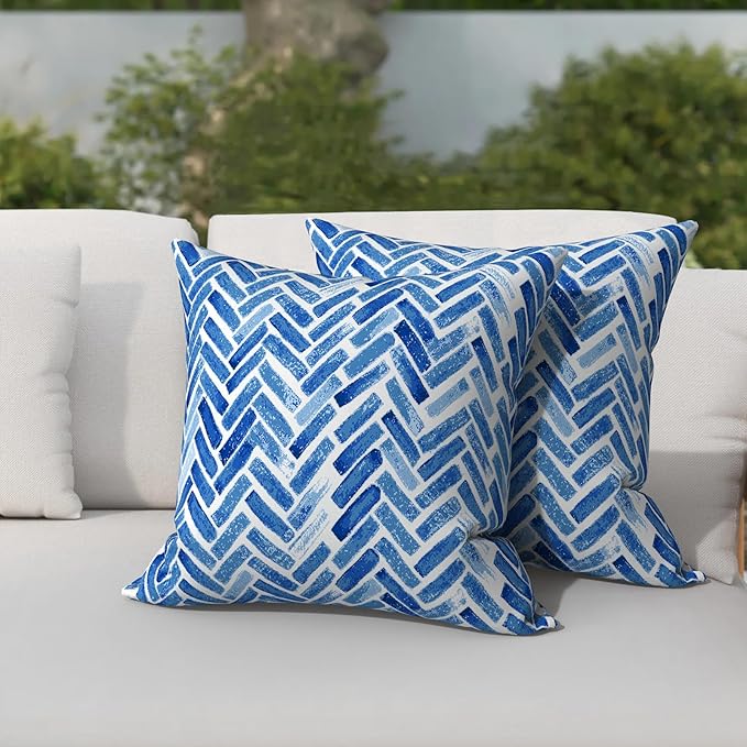 Patio Throw Pillows with Inners, Fade Resistant Square Pillow Pack of 2, Decorative Garden Cushions for Home, 18x18 Inch,Blue Bricks