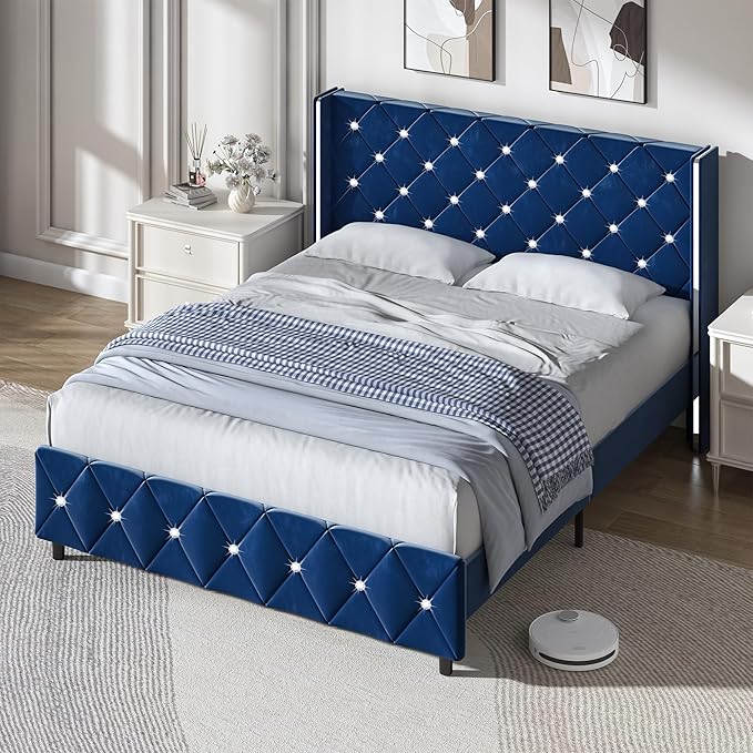 HOMBCK Queen Size Bed Frame with Headboard, Blue Queen Bed Frame with Wingback, Upholstered Bed Frame with Diamond Headboard, Wood Slat Support, No Box Spring Needed, Easy Assembly