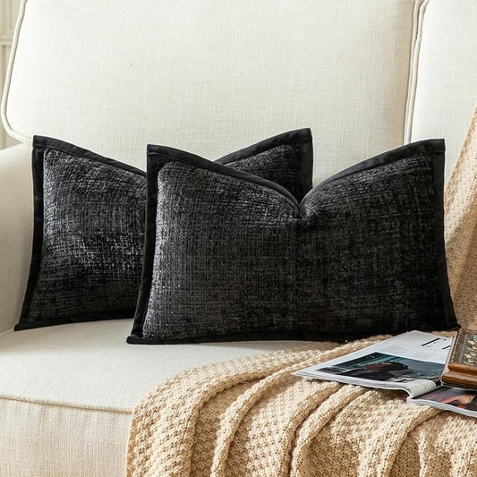 Yaertun Pack of 2 Chenille Textured Decorative Throw Pillow Covers Accent Solid Cushion Cover Soft Cozy Pillow Case with Velvet Back for Couch Sofa Bed Living Room 12x20 Inch Black