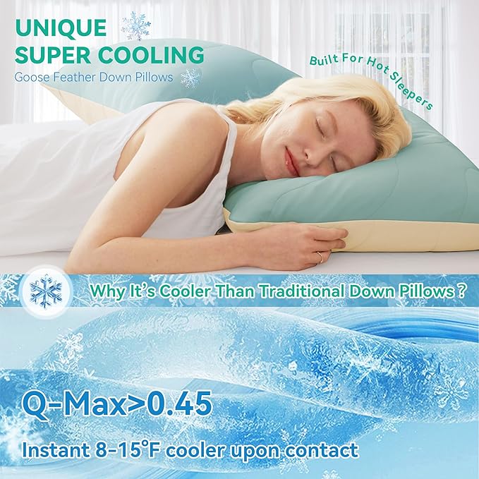 Three Geese Cooling Goose Feather Down Bed Pillows King Size for Hot Sleepers, Q-Max>0.45, Cool Hotel Bed Pillows with Washable Removable Cover, Idea for Side Stomach Back Sleepers, 20" x 36"