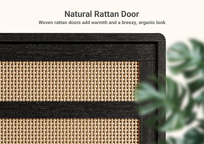 Claiks Boho TV Stand for 70 Inch TV, Modern TV Console with 2 Rattan Storage Cabinets & Adjustable Shelf, Woven TV Stand for Living Room, Black