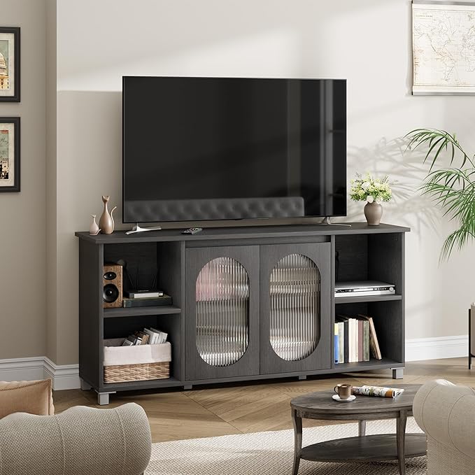 71" Modern Farmhouse TV Stand - Corrugated Glass Door Media Console with 3 Open Shelves, 15" D x 29" H Entertainment Center (Black & Dark Brown)