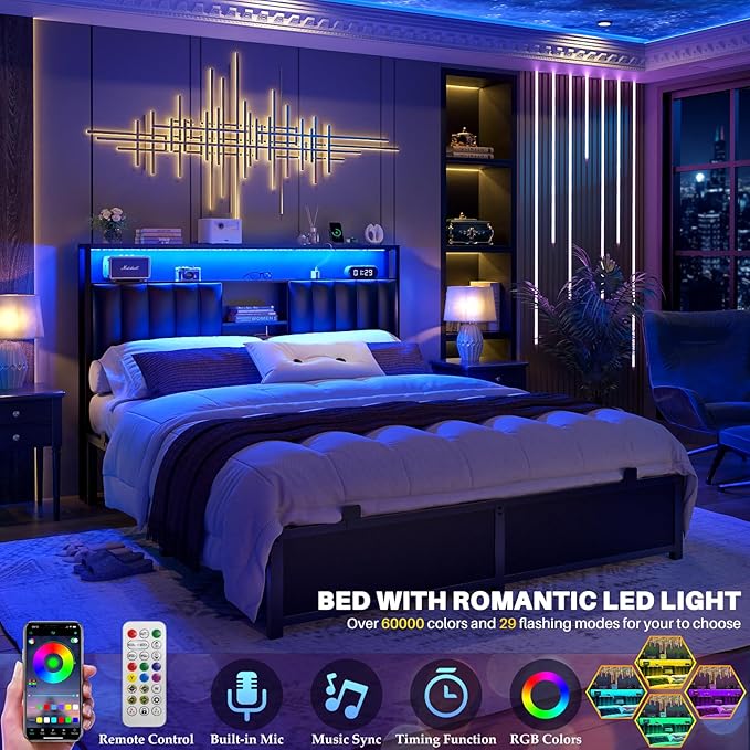 Aheaplus Full Size Bed Frame with Charging Station & Led Light, Platform Bed with Leather Upholstered Headboard and Storage, Metal Slats Support, No Box Spring Needed, Noise-Free, Black