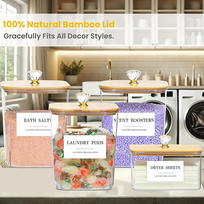 4 Pack Clear Laundry Pods Container & Dryer Sheet Holder Set with Lid, Laundry Containers with Scoops & Labels, Laundry Room Organization and Storage for Laundry Detergent, Pods, Powder, Beads