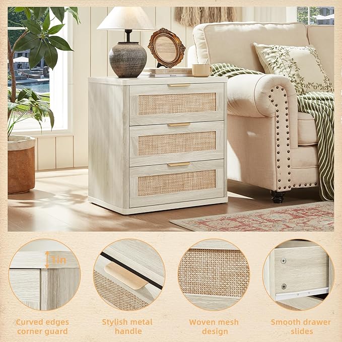 LEYAOYAO Rattan Night Stand with Drawers, 23" Large 3 Drawer Boho Nightstand, Grey White Bedside Table Storage Cabinet, Bed Side End Tables Dresser for Bedroom, Living Room, Hallway, Closet