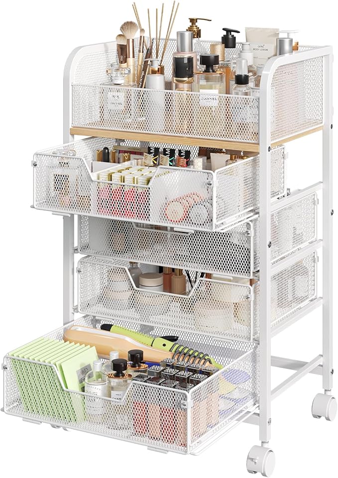 Makeup Cart Organizer with 4 Drawers, Large Floor Skincare Organizers, Vanity Storage Organizer Cosmetics Display Cases for Skin Care Perfume Nail Polish, White (Patent Pending)