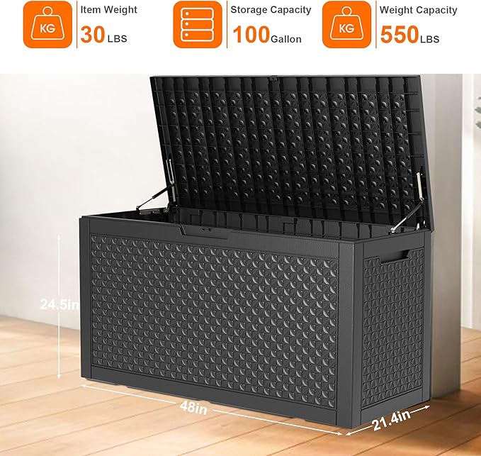 Vixzen 100 Gallon Waterproof Deck Box – Outdoor Storage Organizer for Patio & Garden,Black Pattern