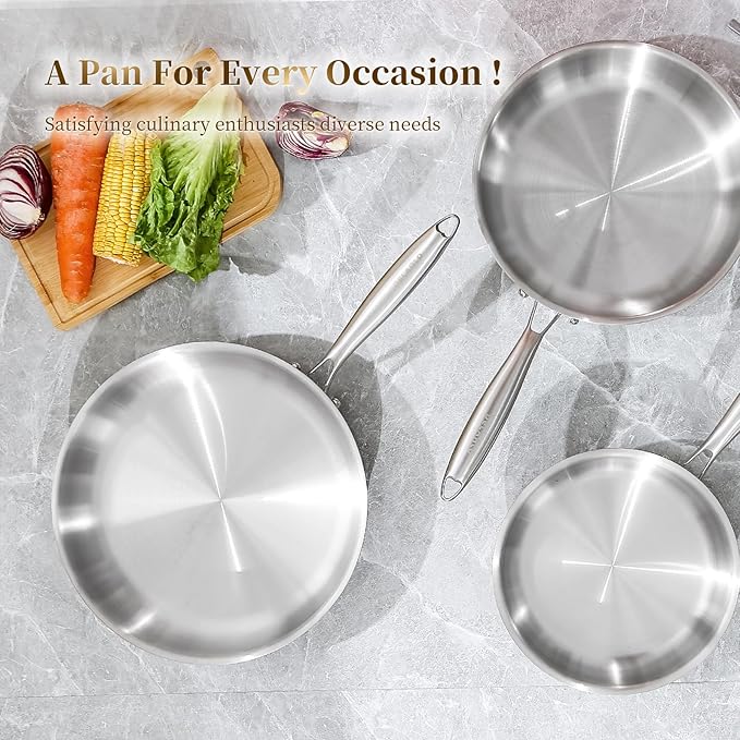 Delarlo Whole body Tri-Ply Stainless Steel Kitchen Cookware Set of 3 Kitchen Pots and Pans sets 8.5” 10.5” 12.5” Heats quickly Cookware, Suitable for All Stove