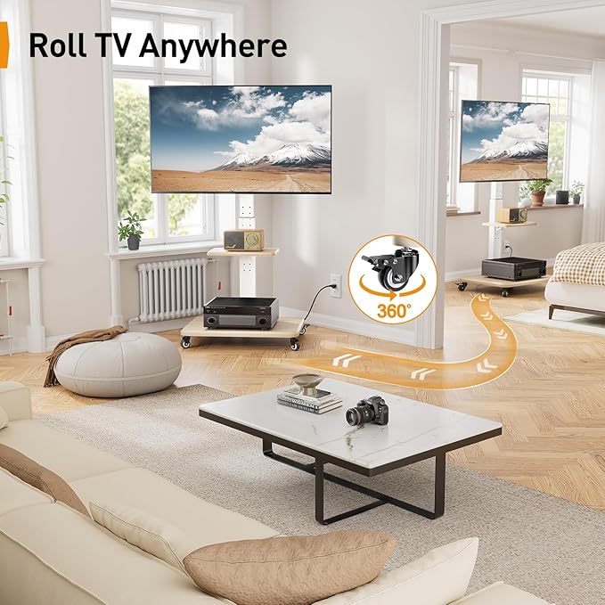 Perlegear Mobile TV Stand with Power Outlet, Tilt & Swivel Rolling TV Cart for 32-75 inches TVs up to 110 lbs, Height Adjustable Rolling TV Stand White with Wheels, Max VESA 600x400mm, PGTVMC17W
