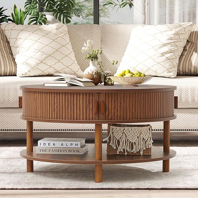 RARZOE 31.5" Round Coffee Table with Storage, Wood Circle Coffee Table with Sliding Cabinet Doors, Fluted Dining Table Accent Center Table for Living Room Home Office Apartment, Walnut