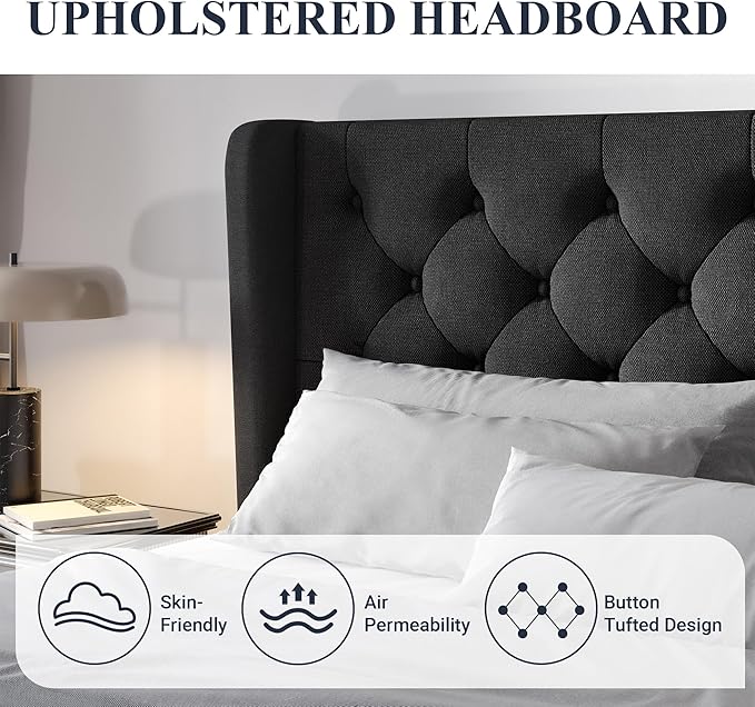 Allewie Full Size Bed Frame with Button Tufted Wingback Headboard, Modern Upholstered Bed Frame with Solid Wooden Slats Support - No Box Spring Needed, Easy Assembly, Black