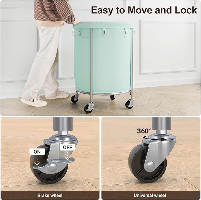 ELYKEN Laundry Basket with Wheels, 170L Rolling Laundry Hamper with Removable Bag and Steel Frame, Round Laundry Cart with 4 Casters and 2 Brakes, Ideal for Bedroom, Bathroom, Laundry Room, Mint Green