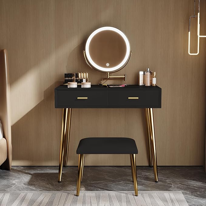 Vanity Desk with Adjustable Mirror and Lights, Makeup Vanity with 2 Drawers and Chair, Small Dressing Table with Leather Surface for Bedroom, 3 Lighting Modes (Black)