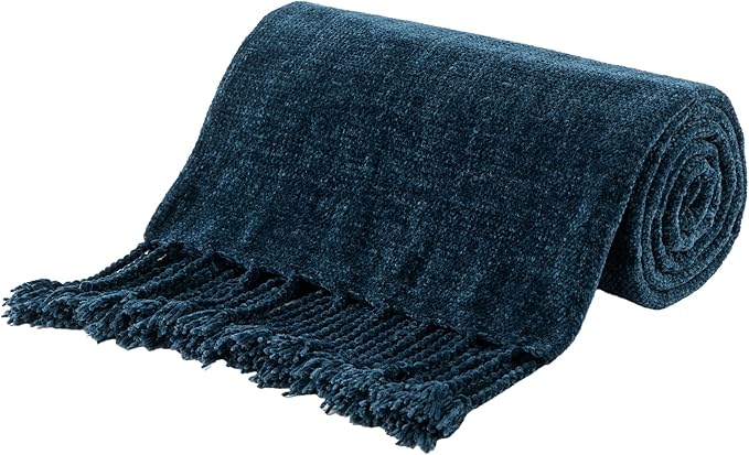 BATTILO HOME Navy Blue Throw Blanket for Couch, Bed, Sofa - Soft Cozy Chenille Throw with Fringe Tassels, Lightweight Knit Throw for Home Decor, 50"x60"