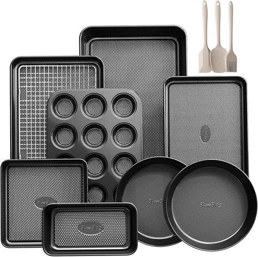 12-Piece Nonstick Bakeware Set, Stackable Non Toxic Baking Pans Set with Rack & Kitchen Utensils, Cookie Sheets Set, Cake Pan, Muffin Pan, Loaf Pan, Roasting Pan, Black