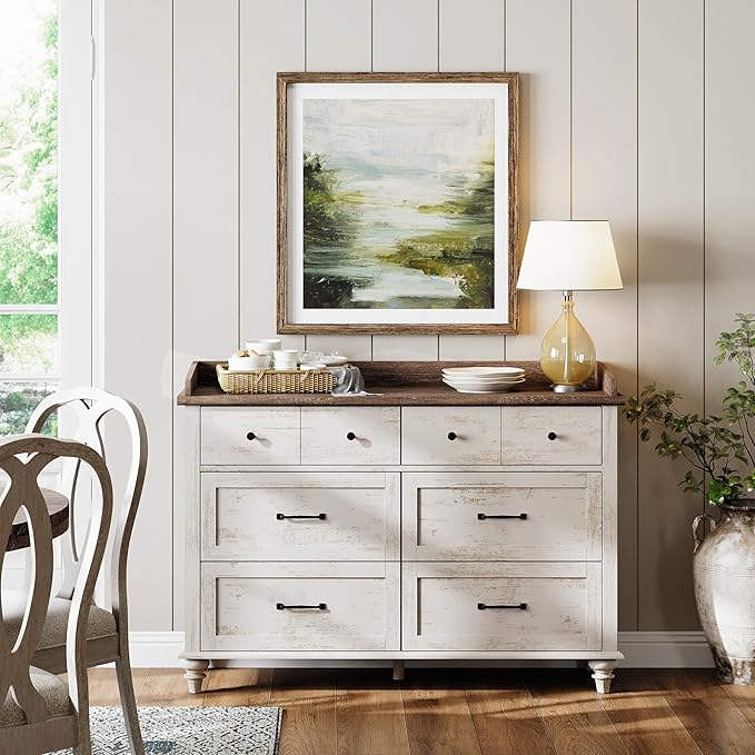 WAMPAT Wood Dresser Set of 2, Mid Century Modern Chest of Drawers, Wide Kids Dressers with 6 Drawers for Bedroom Living Room Entryway;Rustic White