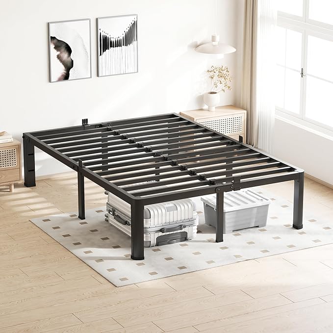 20 Inch Queen Bed Frame, 3500Lbs Heavy Duty Metal Platform with Round Corner Legs Mattress Slide Stopper, Steel Slat Support No Box Spring Needed, Noise Free, Non-Slip, Easy Assembly