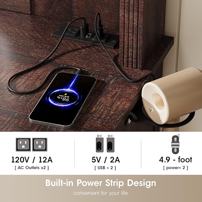 Maupvit Farmhouse Vanity Desk with Mirror and Lights, Makeup Vanity Table with Charging Station, 45" Bedroom Table with 4 Drawers and Cabinets, 3 Lighting Modes, Brown